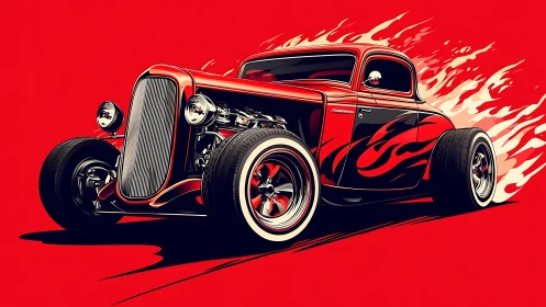Flaming hot rod races across bold red graphic background.