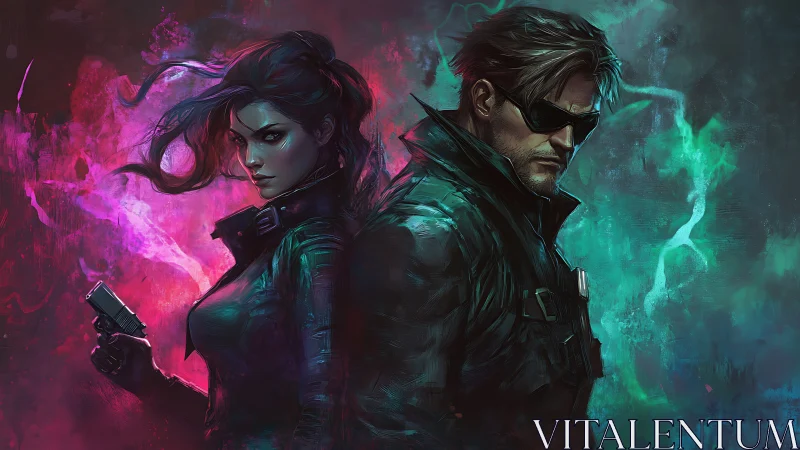 Two armed agents stand back to back in neon colored light