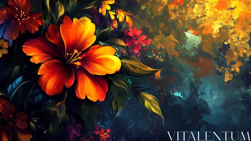 Digital floral composition with vivid orange hibiscus bloom.