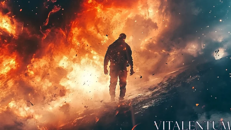 Solitary figure navigating explosive inferno with dynamic particle physics simulation