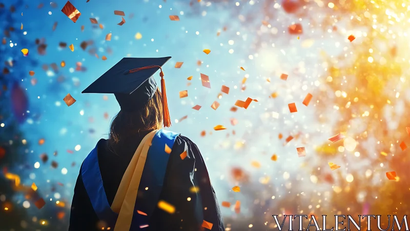 Graduate faces sunrise sky under vibrant falling confetti