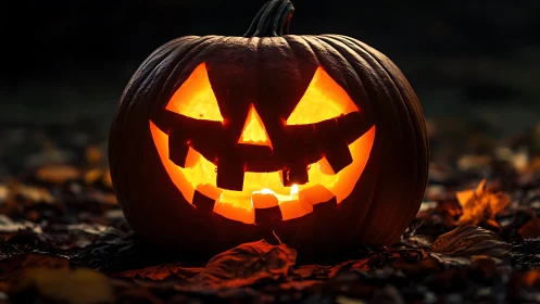 Glowing jack o lantern casts warm light on autumn leaves.