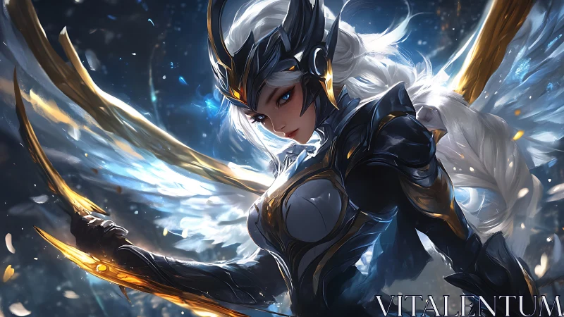 Armored winged valkyrie with luminous blades in flight