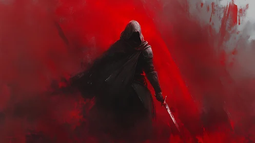 Shadowed swordsman carves a blood-red path through silence