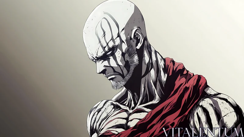 Stoic bald warrior in red mantle rendered with stark shadows.