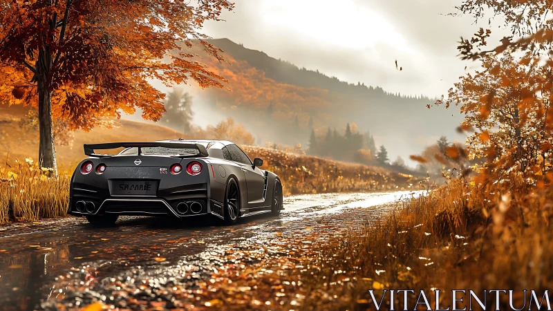Sleek sports car cruises through golden autumn landscape.