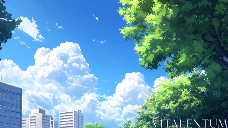 Summer clouds tower above a tranquil city skyline