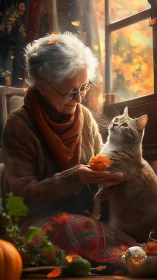 An elderly woman shares a warm autumn moment with her beloved cat by the window