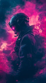 Neon astronaut silhouette glows inside cosmic magenta nebula.