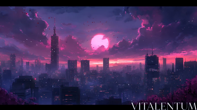 Urban skyline under magenta sunset with dense cloud cover.