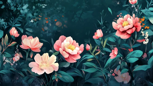 Deep Teal Garden: Pink Peonies Against Dark Botanical Backdrop.
