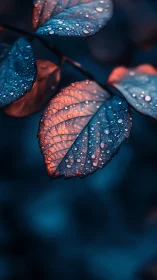 Macro leaf study with bicolor dew-lit surface.