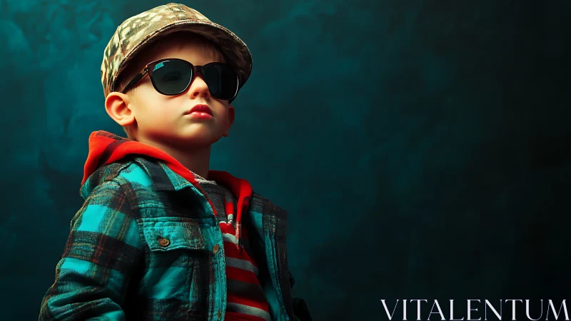 Young Boy in Teal Plaid Jacket and Sunglasses Portrait.