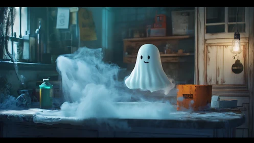 Small stylized ghost floats above a fog-covered workbench
