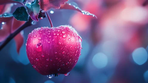 Red apple hangs with water droplets against blurred bokeh