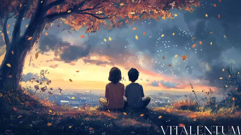 Two small dreamers harvest falling dusk beneath autumn skies