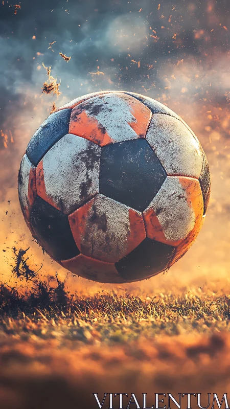 Mud‑scarred soccer ball ignites a fiery sprint across pitch.