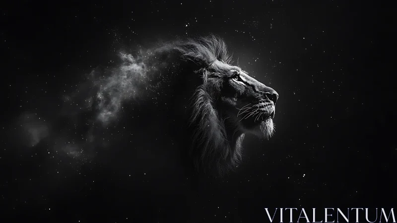 Stellar lion spirit emerging from cosmic midnight dust.