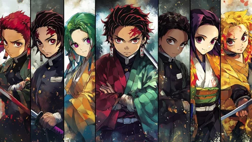 Blazing anime swordsmen stand in fractured elemental light.