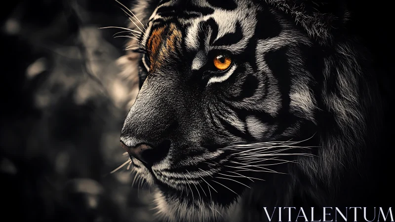 Golden-eyed tiger gazing softly through deep jungle shadows.