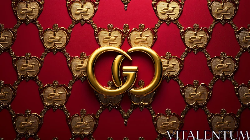 Gold interlocking monogram on baroque red background shows metallic depth