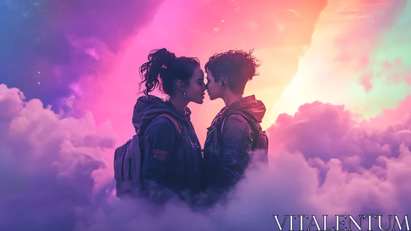Two Figures Embrace Among Clouds in Dreamy Neon Atmosphere