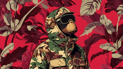 Anthropomorphic primate in camouflage jacket before foliage.