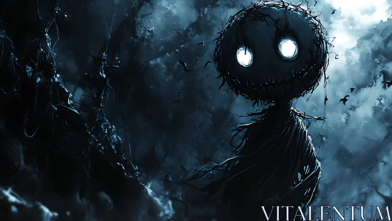 Nocturnal twig effigy with luminous eyes in fog-heavy forest