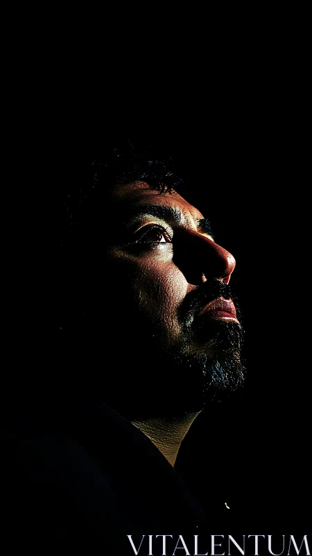 Low-key portrait isolates male profile with dramatic chiaroscuro lighting