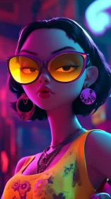 Stylized neon girl in oversized sunglasses and jewelry.