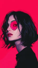 Stylized portrait shows woman in pink-tinted sunglasses