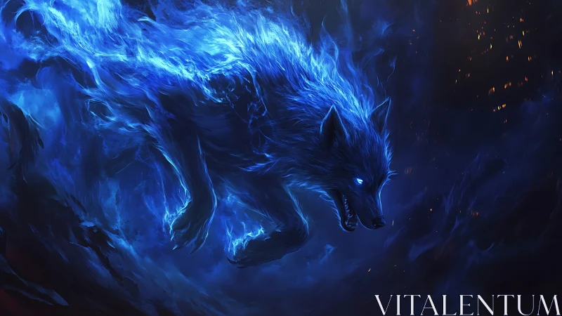 Spectral cobalt wolf streaking through midnight embers.