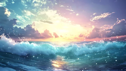Radiant ocean waves glow beneath a dreamlike sunrise sky.