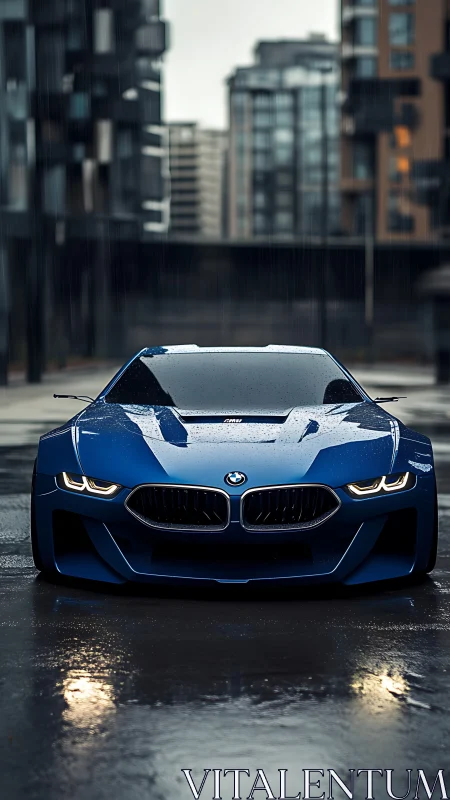 Midnight blue city predator idling on a rain-slick street.