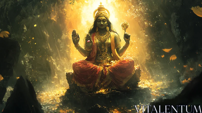 Golden robed goddess sits meditating in glowing cavern light