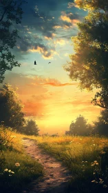 Sunset path through meadow with trees and glowing sky.