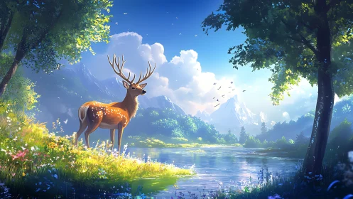 Gentle stag pauses by a sunlit river in a dreamy valley