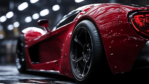 Low-angle view of red supercar with glossy widebody kit.