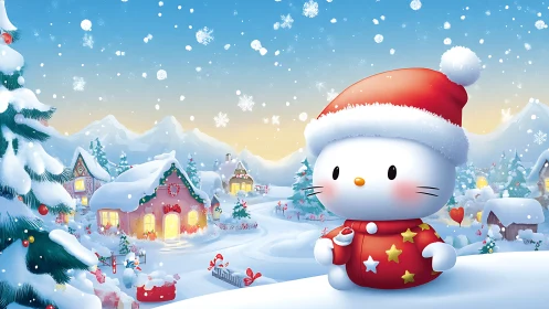 Cozy snow village with a cute holiday kitten in red.