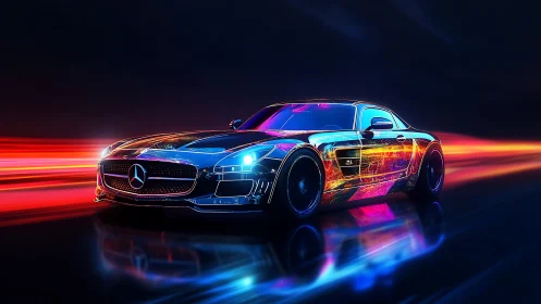Neon-lit sports car racing through futuristic light trails.