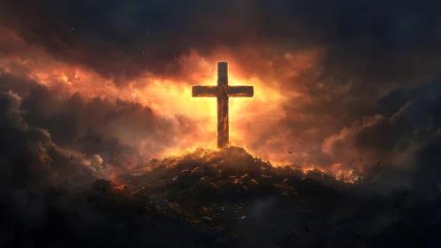 Fiery cross on stormy ridge under blazing celestial sky.