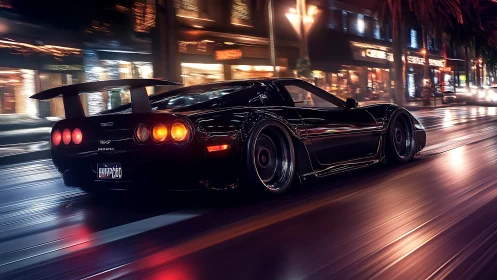 Black tuned sports coupe racing through neon city street.