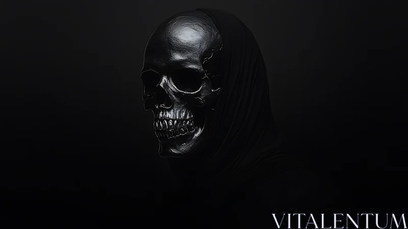 Gleaming dark skull wrapped in shadowed, mysterious cloth.