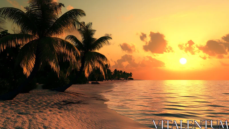 Sunset light intersects palm-lined shoreline and calm sea