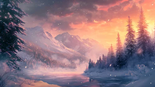 Snow covered river valley lies below distant sunset mountains