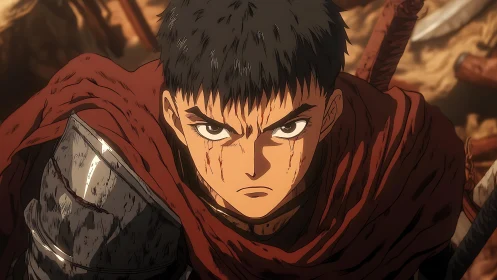 Battle-hardened warrior in bloodstained cloak, intense gaze.