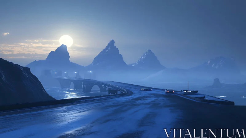 Moonlit Arctic highway bends through cobalt misted peaks.