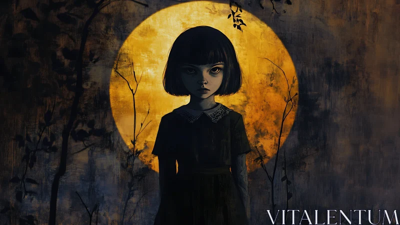 Brooding gothic girl before glowing moonlit circle.