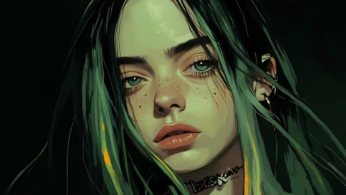 Green-lit gaze of a moody freckled muse in shadowed calm.