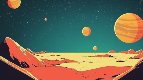 Alien desert landscape under multiple glowing planets